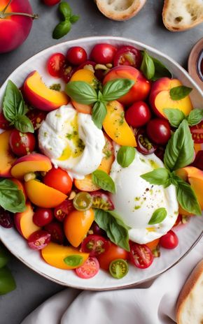 La Salade de tomate, pêche et burrata