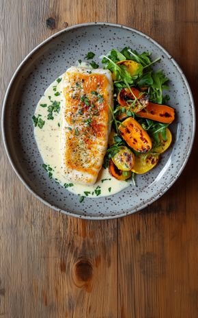 Le Poisson blanc à la sauce citronnée et légumes rôtis