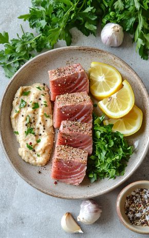 Le Pavé de thon snacké et purée de pois chiches