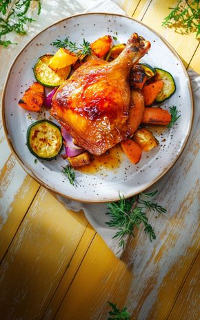 Le Poulet au miel et légumes rôtis