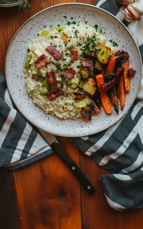 Le Risotto aux poireaux et lardons avec gratin de légumes rôtis