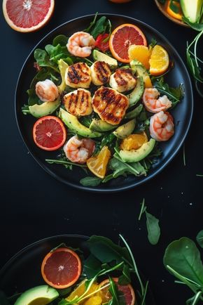 L'Halloumi grillé et salade de crevettes aux agrumes