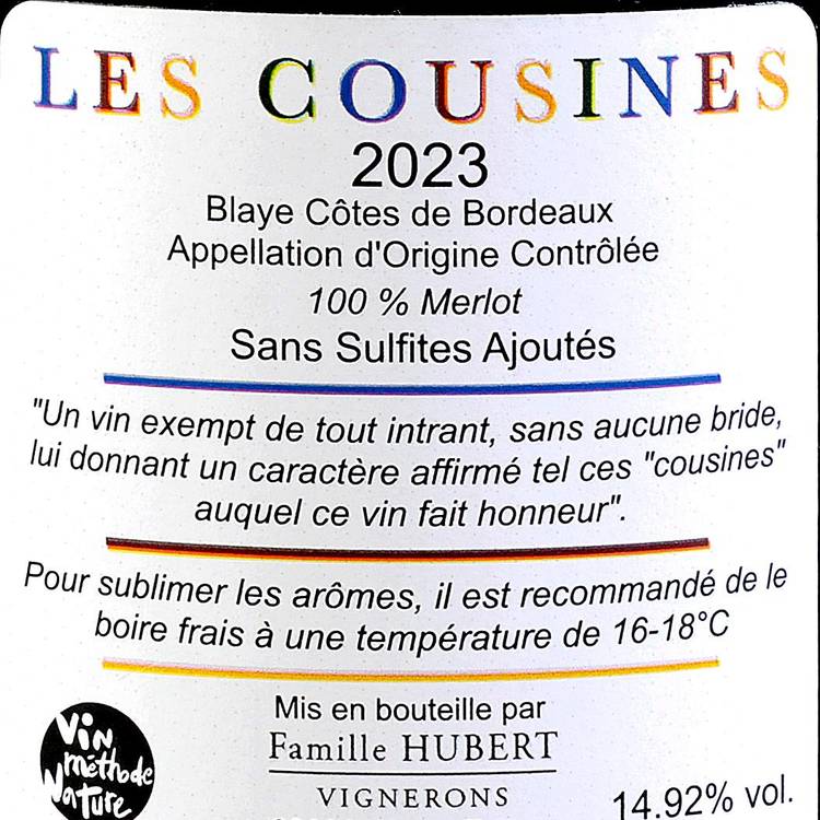 Le Vin rouge "Les cousines" Blaye Côtes-de-Bordeaux BIO AOC - 2