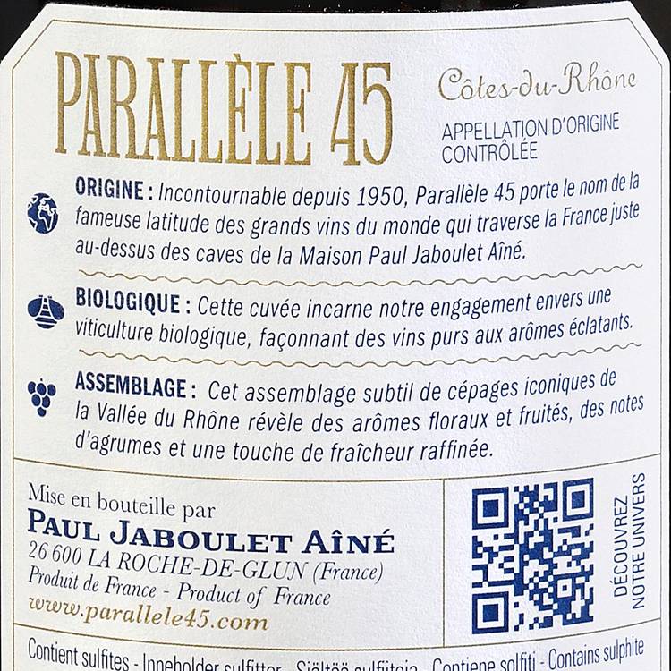 Le Vin blanc "Parallèle 45" Côtes-du-Rhône BIO et AOC - 2