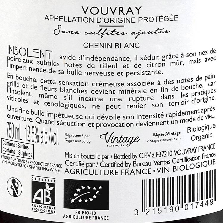 Le Vin pétillant Vouvray brut BIO et AOP - 2