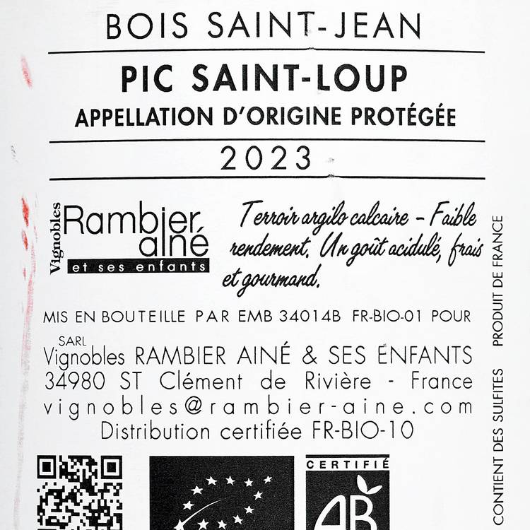 Le Vin rouge "Bois St Jean" Pic St Loup BIO AOP - 2