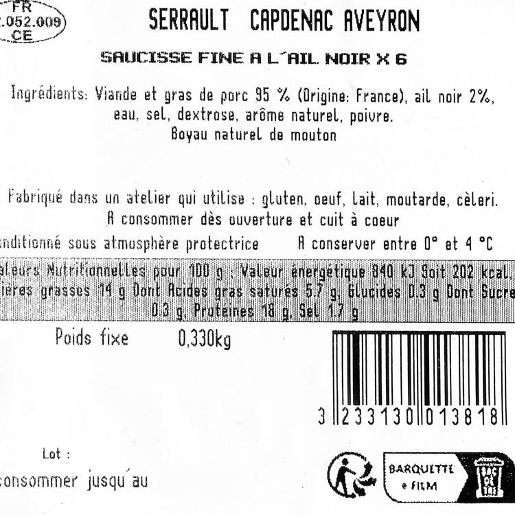 La Saucisse fine ail noir x6 330g - 3
