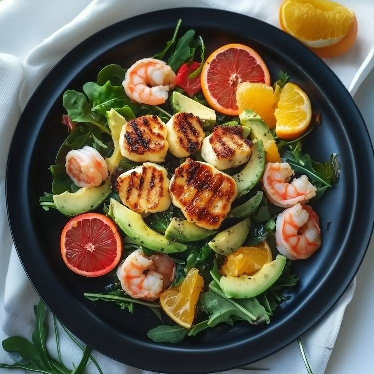 L'Halloumi grillé et salade de crevettes aux agrumes