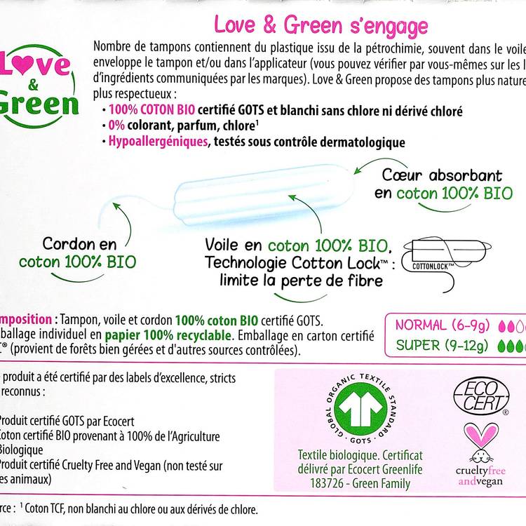 Les Tampons normaux sans applicateur 100% coton BIO "Love&Green" - 3