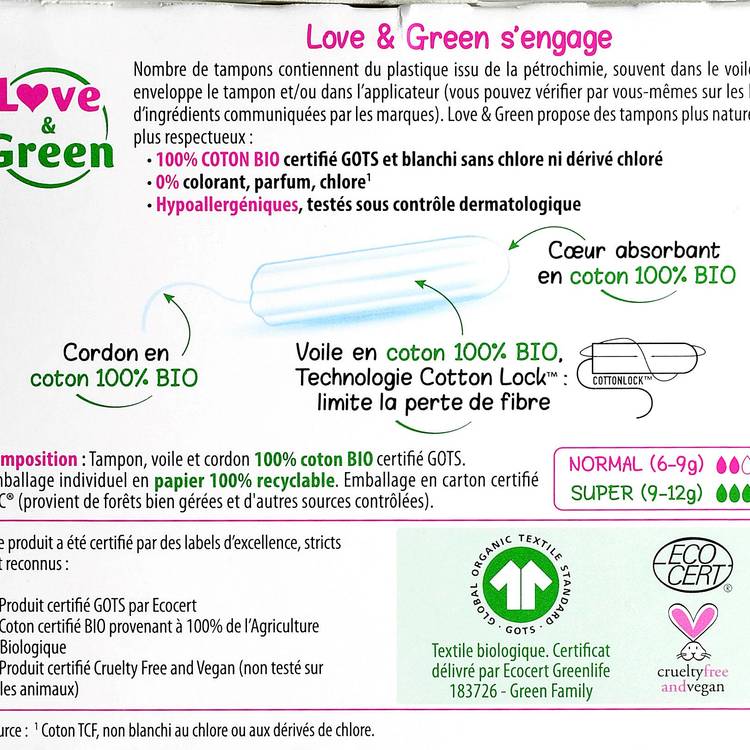 Les Tampons super sans applicateur 100% coton BIO "Love&Green" - 2
