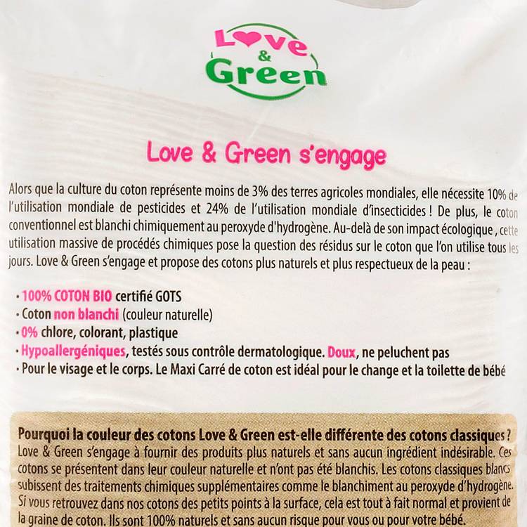 Les Cotons bio maxi carrés hypoallergéniques  "Love&Green" - 2