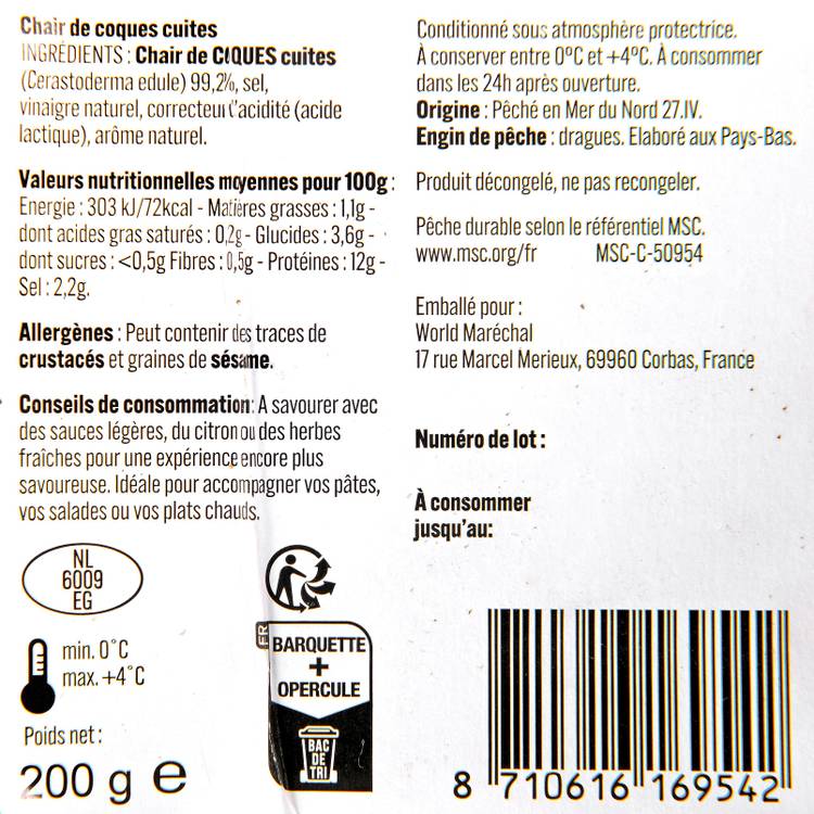 Les Coques cuites decortiquées MSC - 2