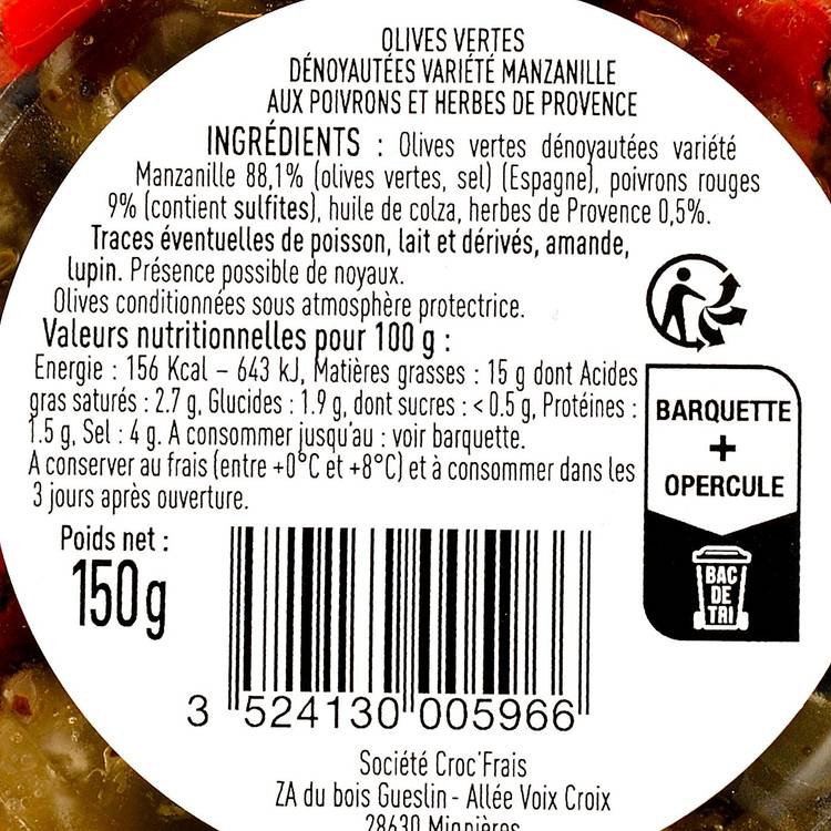 Les Olives vertes dénoyautées Manzanille aux poivrons et herbes de Provence 150g - 3