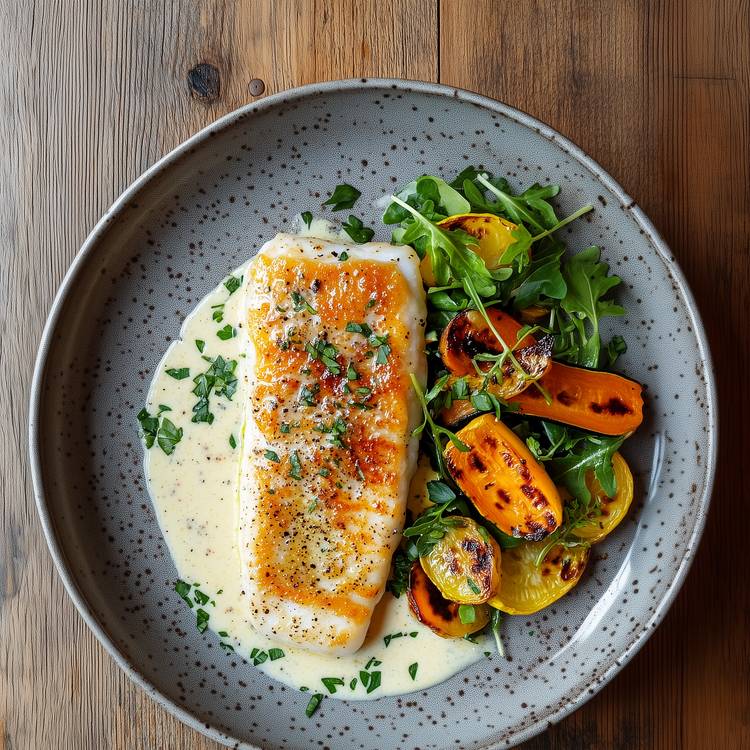 Le Poisson blanc à la sauce citronnée et légumes rôtis