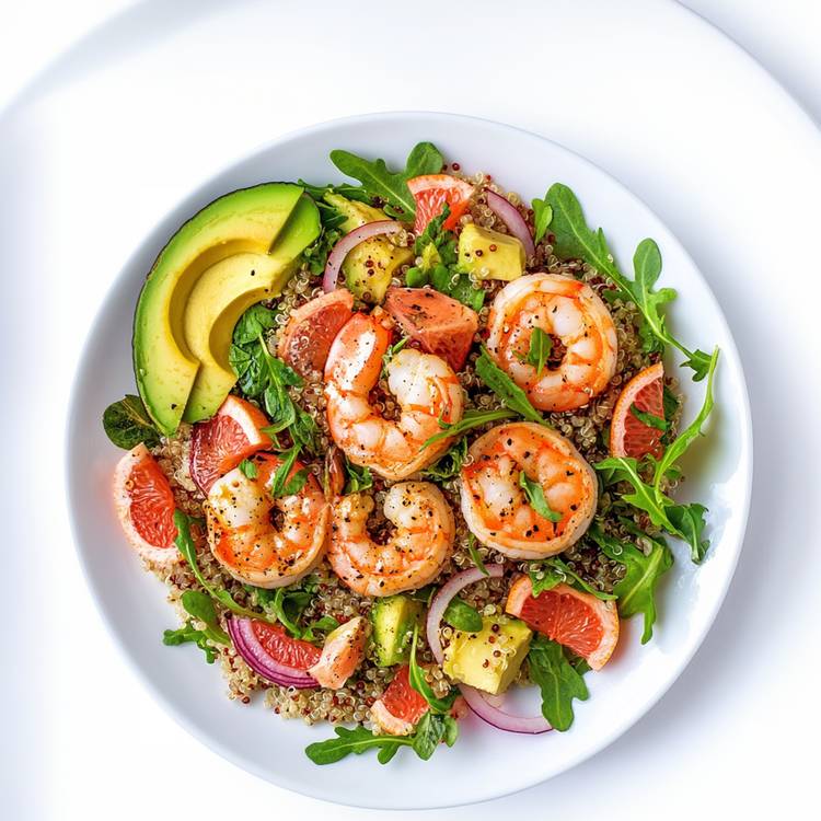 La Salade de quinoa, crevettes, avocats et pamplemousse