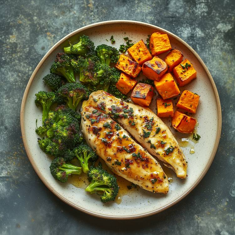 Le Poulet rôti aux patates douces et brocolis
