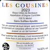 Le Vin rouge "Les cousines" Blaye Côtes-de-Bordeaux BIO AOC