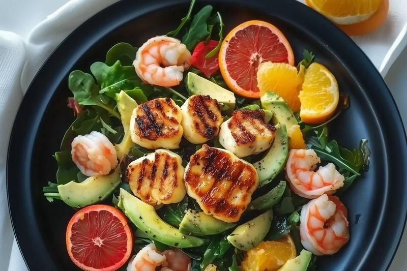 L'Halloumi grillé et salade de crevettes aux agrumes