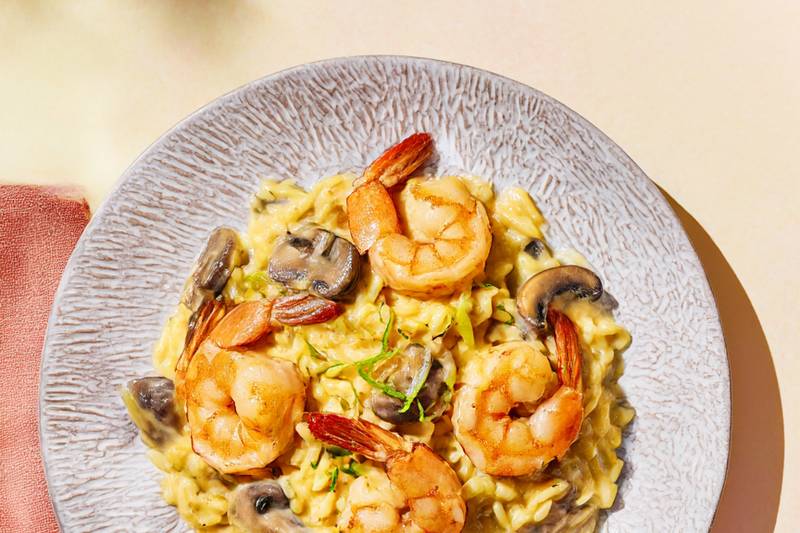 L’Orzo crémeux au curry, crevettes et poireaux