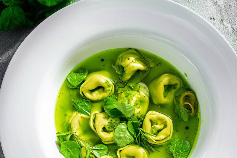 Le Bouillon de tortellonis au basilic
