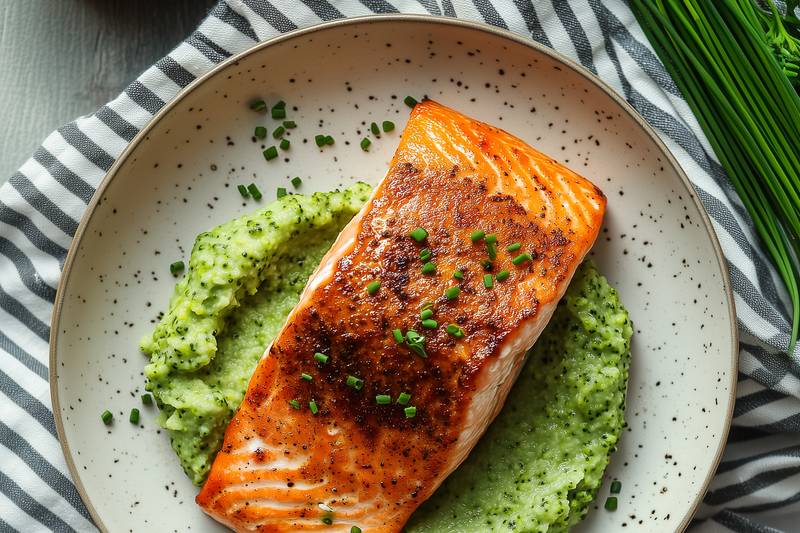 Le Saumon grillé et purée de brocolis