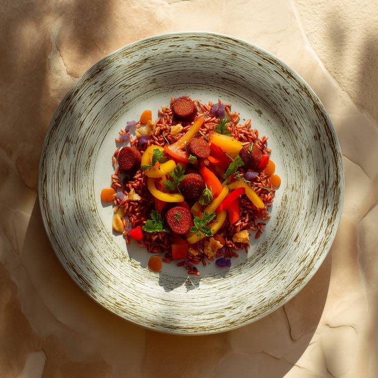 La Salade de riz rouge au chorizo et poivron