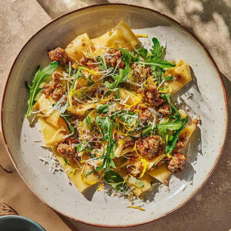 Les Pappardelle fraîches à la saucisse, roquette et parmesan