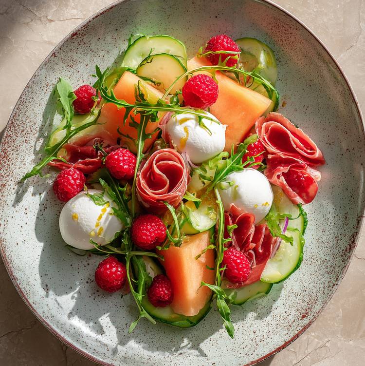 La Salade melon concombre framboise burrata bresaola